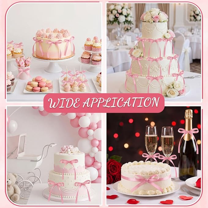 30 Pack Bow Cake Toppers Rose Pink Ribbon Bows - Image 6