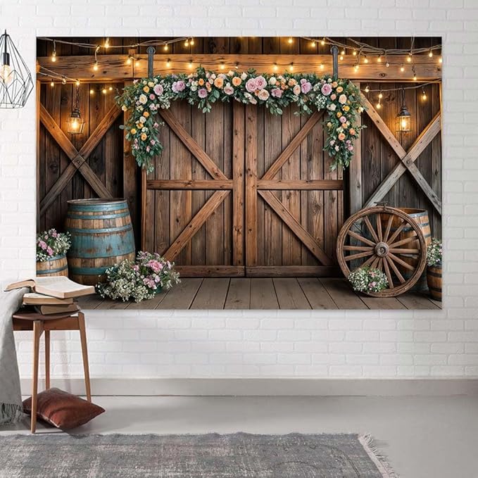 5x3ft Country Wedding Photography Backdrop Rustic Barn Door Photography Backdrop Farmhouse Pink Flower Cabin Wooden Birthday Baby Shower Wedding Bridal Party Banner Photo Booth Props Background