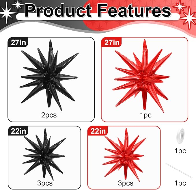 9Pcs Red and Black Star Balloons, Large Explosion Foil Balloons, Metallic Mylar - Image 2