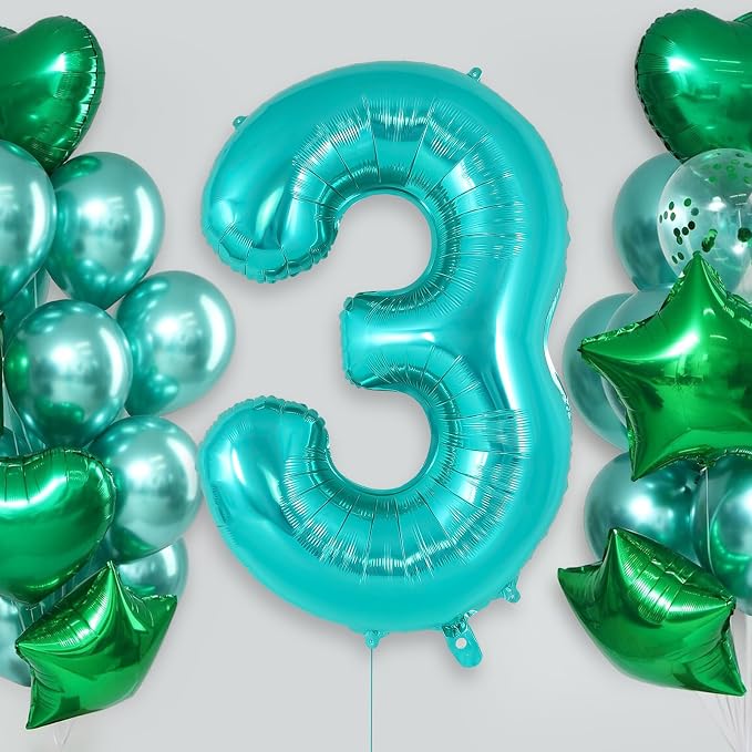 Teal Blue Number 3 Balloon, 40 Inch Big Large Foil Helium Number Balloons - Image 2