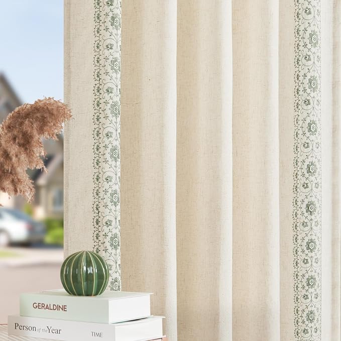 jinchan Floral Linen Curtains Embroidered Back Tab 50x84in 4 Panels Sage | - Image 8