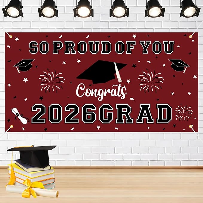 Graduation Decorations 2026 Maroon Graduation Banner 66.1" x 33.8" Graduation by Yunfan