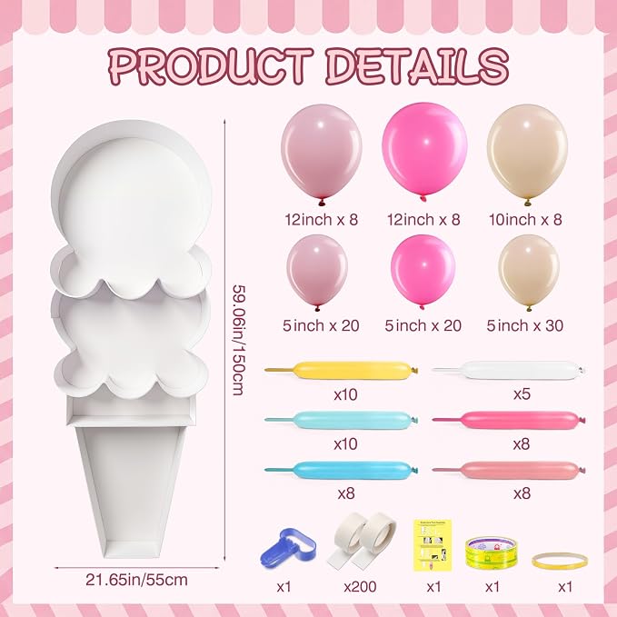 Capoda 146 Pcs 5FT Ice Cream Balloon Column Stand Kit Sweet Ice Cream Balloon - Image 2