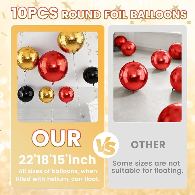 Red Gold Black Round Foil Balloons, Metallic Red Gold Black Foil Baloon - Image 4