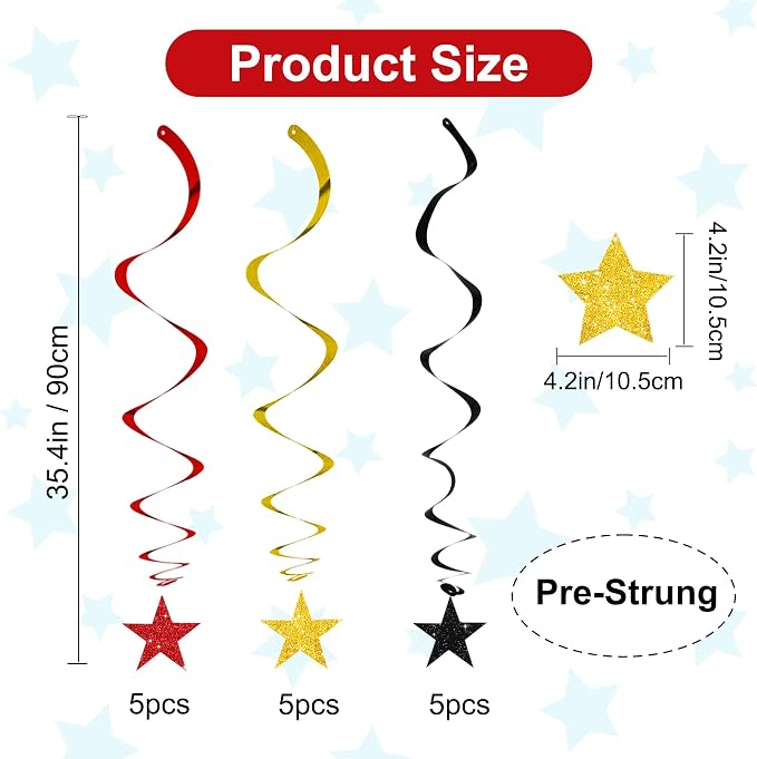 BEISHIDA Black Red Gold Glitter Stars Hanging Swirls Pre-Strung Hanging - Image 2