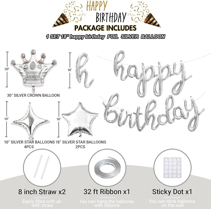 Silver Happy Birthday Balloons Banner 18 Inch Script/Cursive Foil Mylar Letter - Image 3