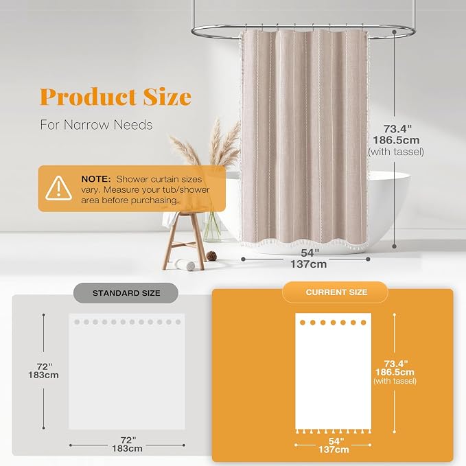 54 x 72 Boho Linen Heavy Duty Cloth Shower Curtain Set, Tan/Taupe | Small Size - Image 3