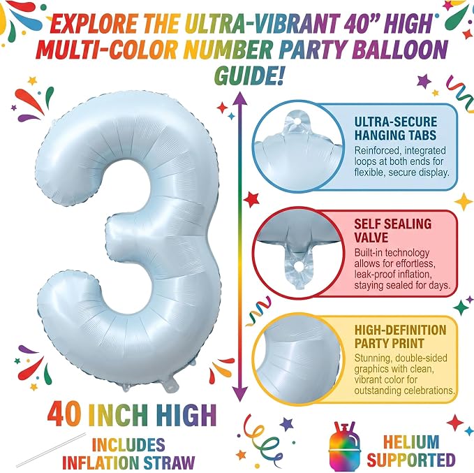 Light Blue Number 3 Balloon for 3th Anniversary Birthday Decor 40 Inch Foil | - Image 2