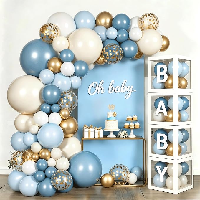 Dusty Blue Gold Balloon Arch Kit, Baby Boxes, Baby Shower Decorations Boy | by Kalyerparty