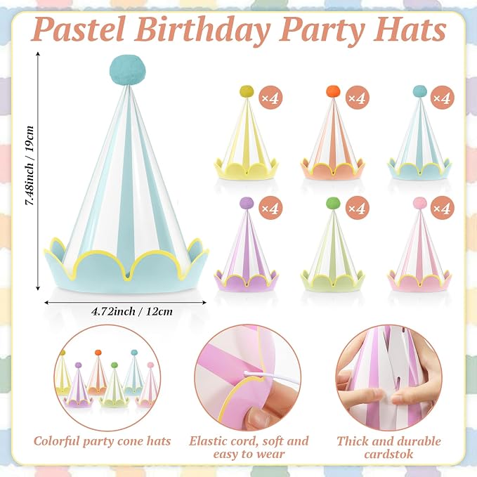 24pcs Pastel Birthday Party Hats - Image 2