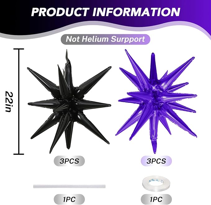 HILAVO 6PCS Purple Black Star Balloons, 22Inch Large Star Shaped Balloon Foil - Image 2