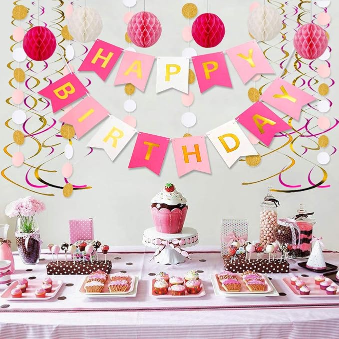 Pink Birthday Decorations with Happy Birthday Banner, Paper Honeycomb Balls - Image 2