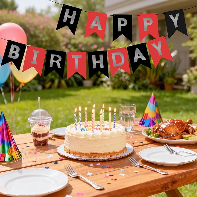 Hooqict Happy Birthday Banner Red Silver Black Happy Birthday Decorations - Image 3