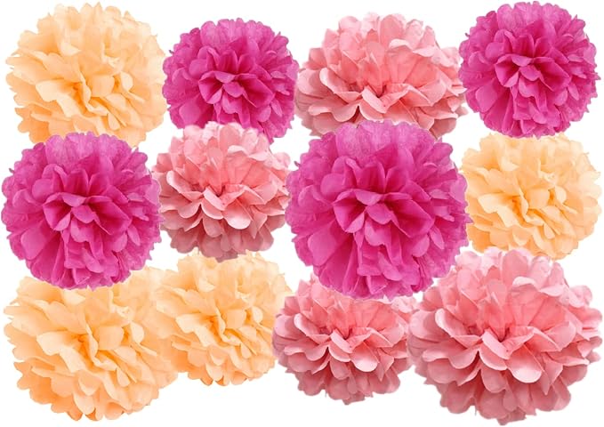 12pcs Pink Paper Pom Poms Set for Party Decor by JaykeJoy