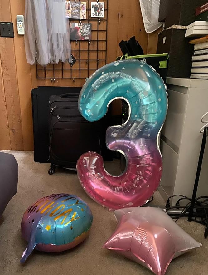 3 Balloon Numbers Birthday Decorations, 40In Pink Purple Blue Balloons | - Image 3