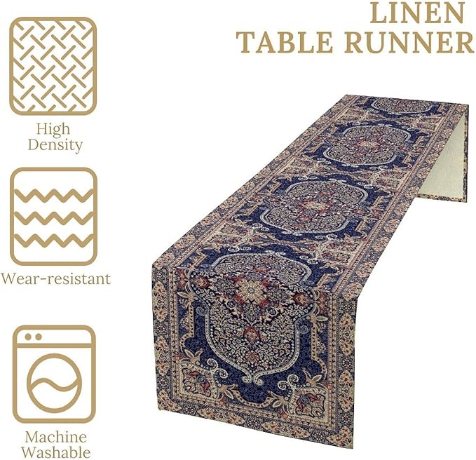 Vintage Boho Floral Table Runner, French Rustic Country Farmhouse Purple Golden Bohemia Flower Pattern for Home Kitchen Table Decor Dining Coffee Room Party Decor 13x120in