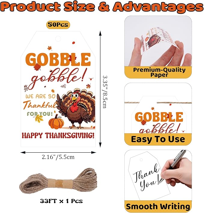 50Pcs Happy Thanksgiving Gift Tags With String, 3.3x2.1 Inch So Very Thankful For You Tags, Gobble Thanksgiving Name Tags With Turkey Pumpkin Leaf for Autumn Holiday Party Favors DIY Craft