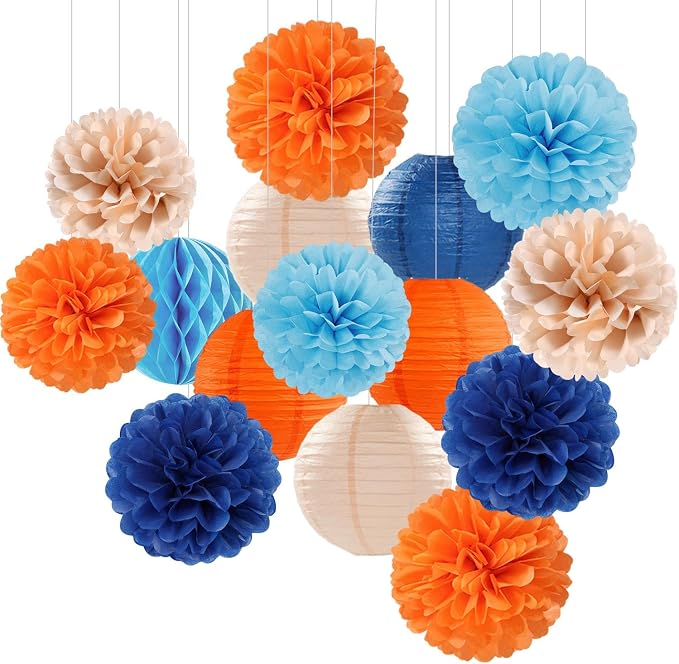 Navy-Blue Orange Champagne Party-Decorations Paper-Flowers by Hugfond