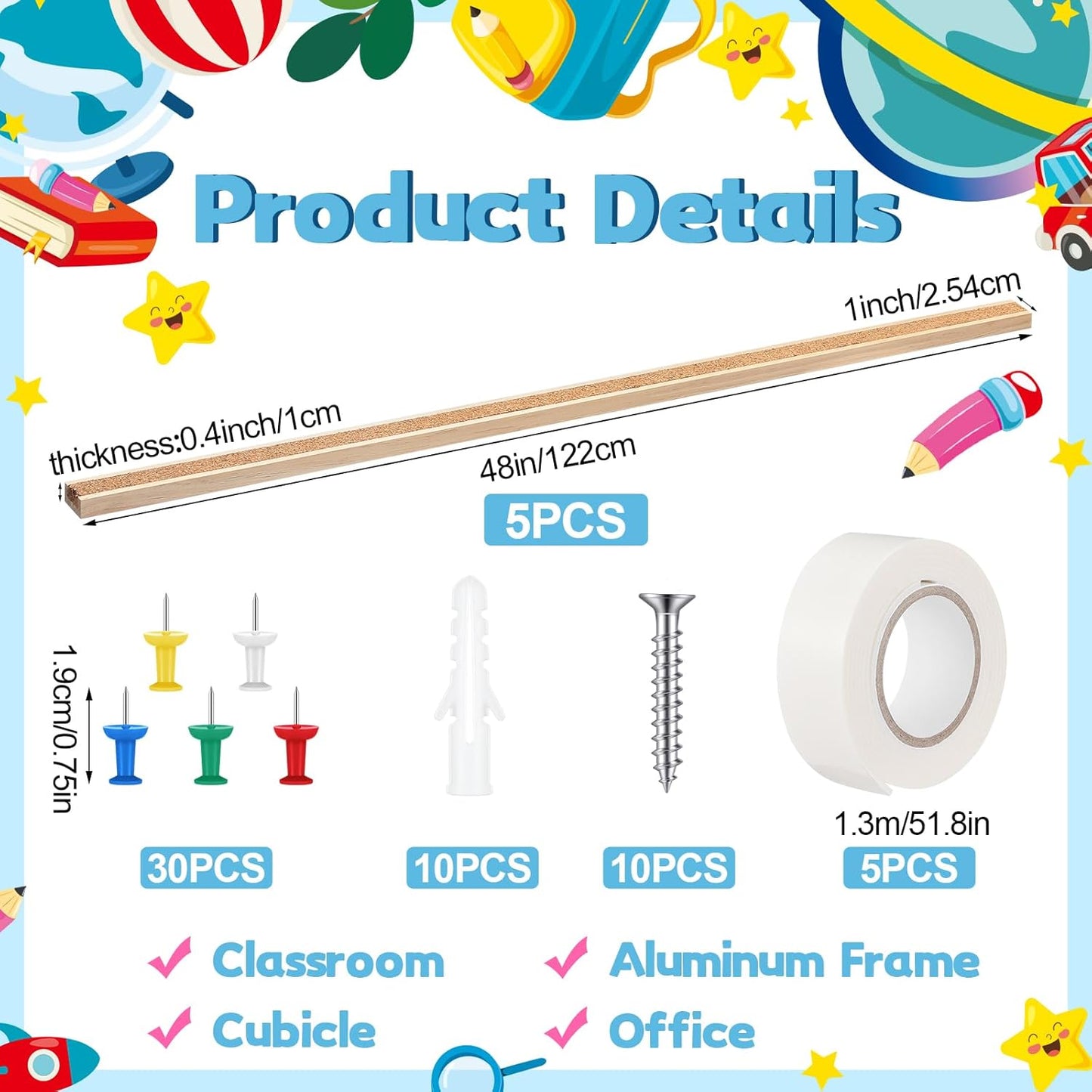 5 Pcs 48" x 1" Cork Strips Bulletin Bar Strips for Wall Bulletin Board Aluminum Trim Brown Cork Boards with Accessories for Paste Notes Photos Classroom Office Holiday Decor