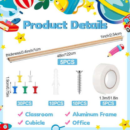 5 Pcs 48" x 1" Cork Strips Bulletin Bar Strips for Wall Bulletin Board Aluminum Trim Brown Cork Boards with Accessories for Paste Notes Photos Classroom Office Holiday Decor