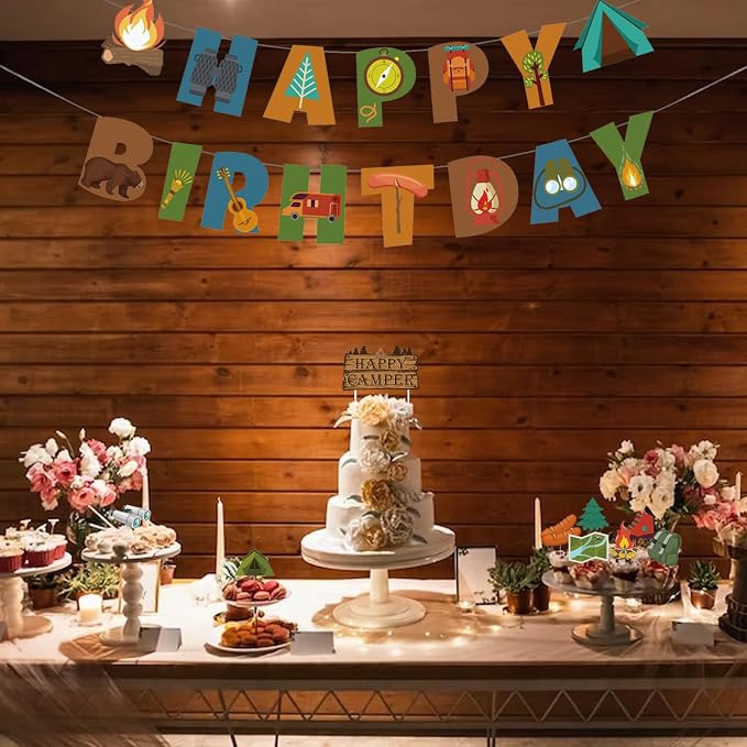 Camping Birthday Party Decoration Kit Banner Cake Topper Happy Camper Party - Image 4