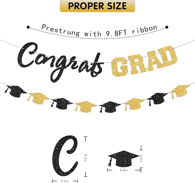 Prestrung Congrats Grad Banner Black and Gold Graduation Banner - Image 4