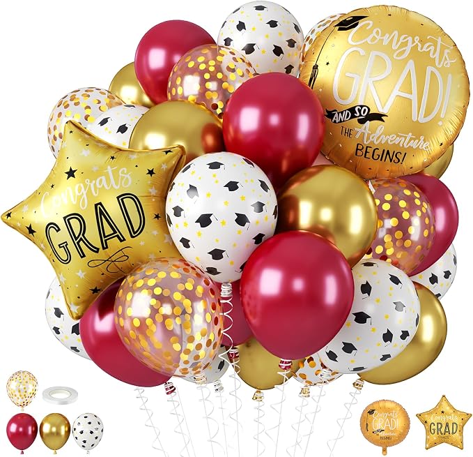 Red Gold Graduation Balloons, Graduation Round Star Balloons Foil, Congrats by BIAPIAN