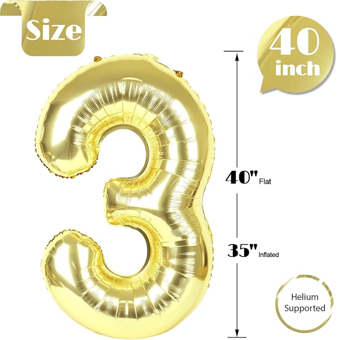 Light Gold Number 3 Balloon 40 Inch, 3rd Birthday Decorations Men Women | Foil - Image 5