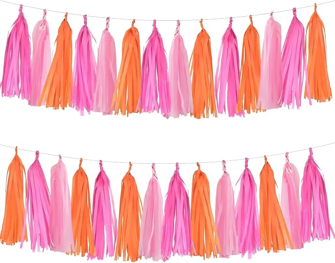 Hot Pink and Orange Pink Tissue Paper Fringe Garland by Unknown