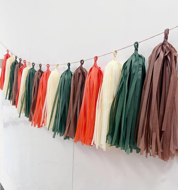 DIY Tissue Paper Tassels Garland Banner Kit, 20 Pieces Sage Green Brown Orange - Image 2