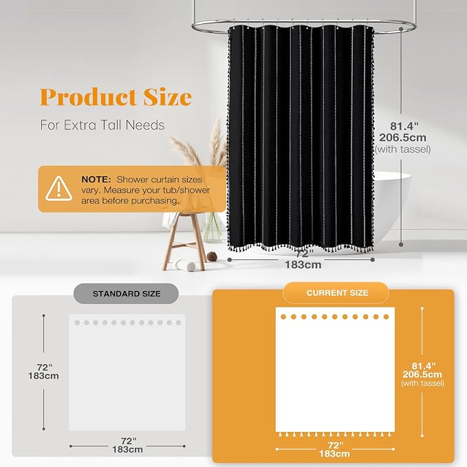 72 x 80 Boho Linen Heavy Duty Cloth Shower Curtain Set, 330GSM Linen Blend - Image 2