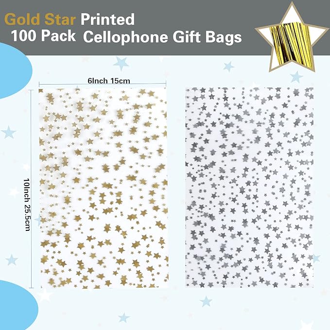 100 Pcs Star Printed 6"X10" Gift Wrap Cello Cellophane Treat Bags Party Favor - Image 2