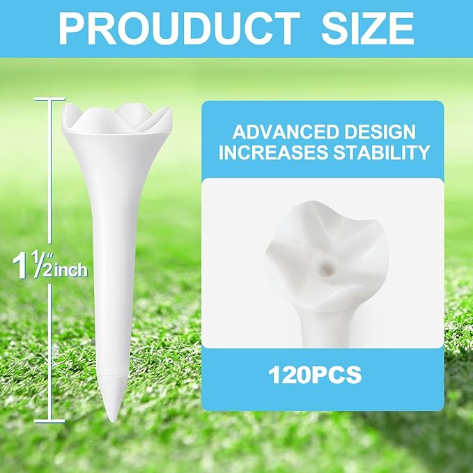Weslymoo 1 1/2 Inch Plastic Golf Tees, Short Tees 120 Pack with Low-Friction Design for Iron、Par Threes、Hybrids and Driving Range, with High Stability and Low-Friction Performance Golf Tees Plastic