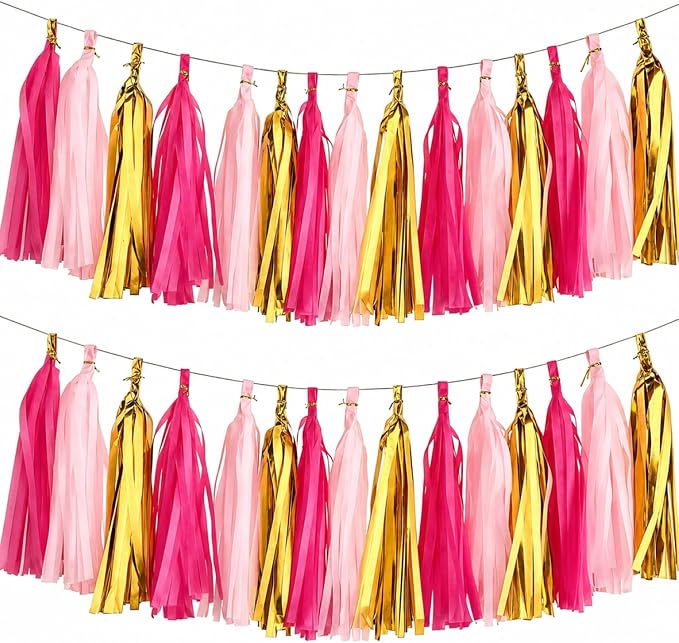 Hot Pink and Gold Tassel Garland Banner, 30 Pack Paper Tassels Streamers by SIPRKAICT