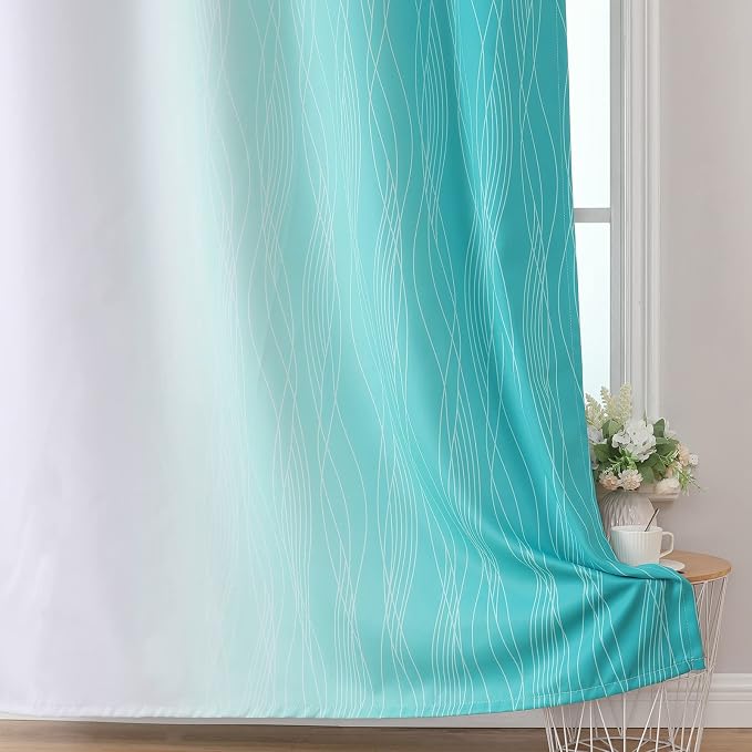 Teal and Greyish White Blackout Curtains 45 Inch Length, Light Blocking - Image 6