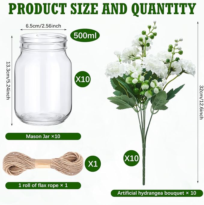 XunYee 10 Set Mason Jars for Centerpieces, Hydrangea | Mason Jar Flower Vases - Image 2