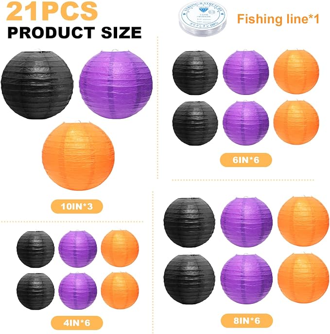 21Pcs Halloween Paper Lanterns, 4-10in Orange Black Purple, Hanging Decor | - Image 2