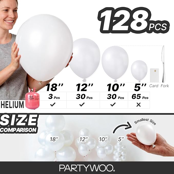 PartyWoo Pearl White Balloons 128pcs Different Sizes Pack of 18 12 10 5 Inch - Image 6