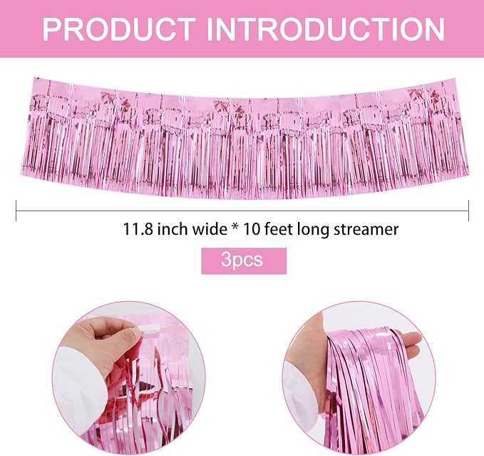 BEISHIDA Pink Fringe Garland Banner 3Pack 30ft Wall Tinsel Foil Streamers | - Image 3