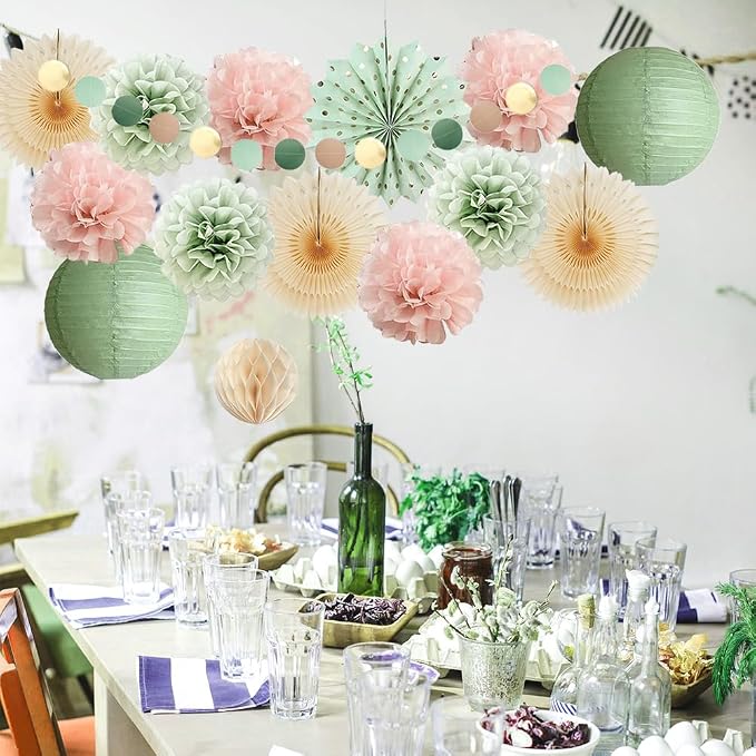 Sage Green and Blush Pink Party Decorations Paper Lanterns Sage Green Cream - Image 4