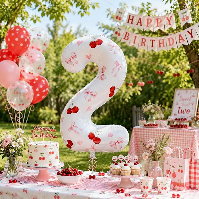 2nd Birthday Cherry Balloon, 40 Inch Number 2 DIY Pink Party Decor | Cherry - Image 2