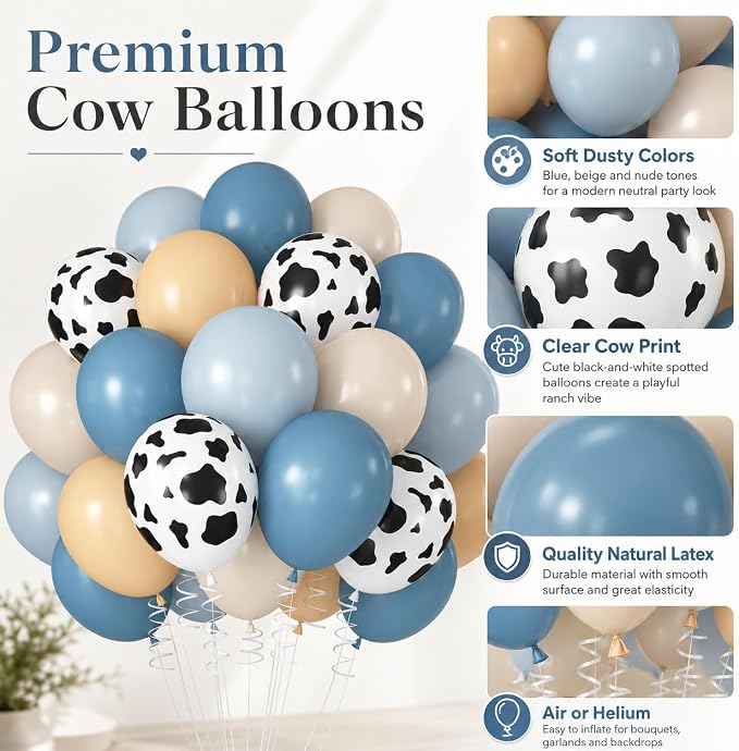 Dusty Blue White Cow Print Balloons 12inch Cowboy Rodeo Birthday Decoration | - Image 8