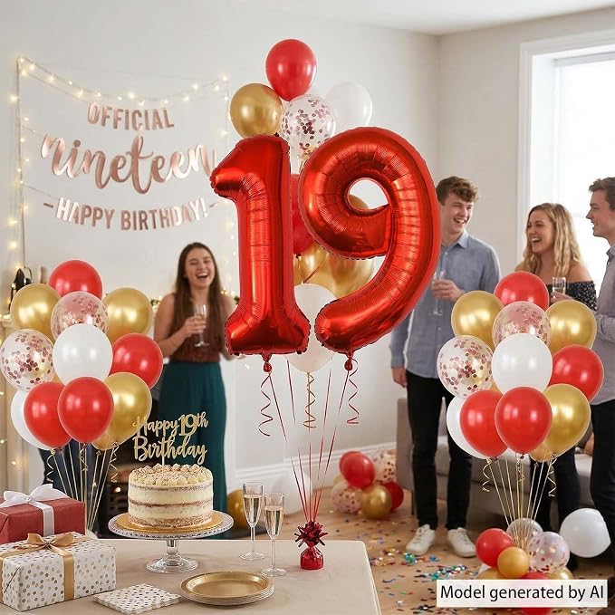 Red Number 19 Balloon 40 Inch, Foil Numeral - Image 3