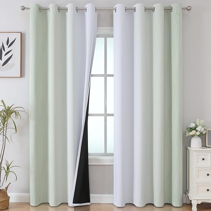 Sage and Grayish White Blackout Curtains 108 Inches Long, Thermal Insulated by ESTELARTEXTILER