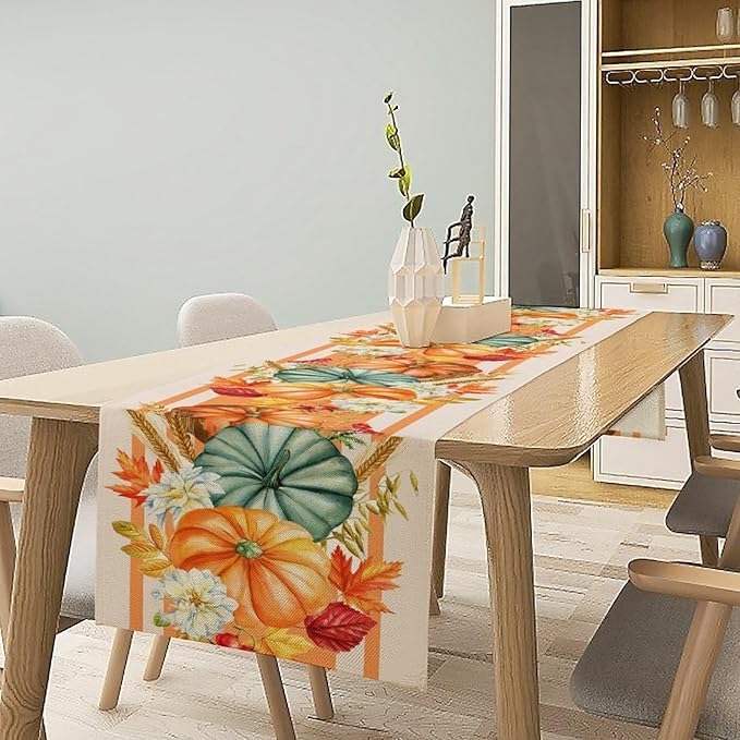 Autumn Table Runner,Orange Pumpkin Flowers Leaves Fall Table Runners Seasonal Kitchen Dining Table Decor for Thanksgiving Harvest Home Holiday Party 13x108 Inch
