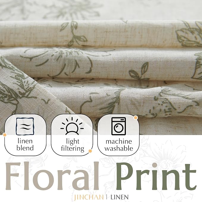 jinchan Green Floral Linen Curtains Lined 90 Inch Vintage Back Tab 2 Panels | - Image 2