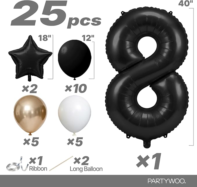 PartyWoo Number Balloons 40 Inch Black Number 8 Kit 25pcs - Image 2