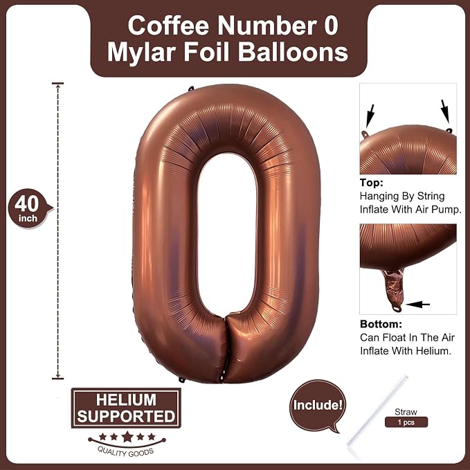 40 Inch Coffee Brown Number 0 Balloon Large Size Jumbo Digit Mylar Foil Retro - Image 2