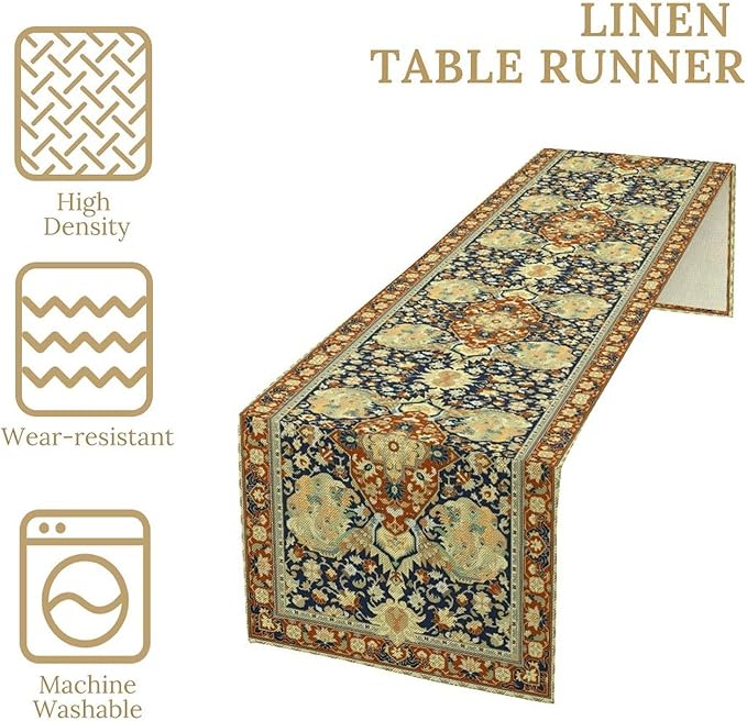 Vintage Boho Floral Table Runner, Elegant Luxurious Rustic Country Farmhouse Navy Blue Gold Retro Flower Pattern for Home Kitchen Table Decor Dining Coffee Room Party Decor 13x120in
