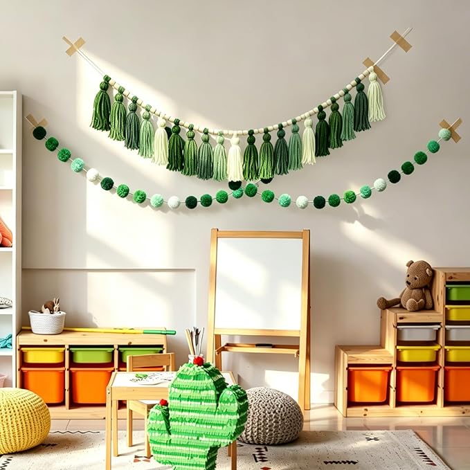 Hahafelt 3 Pcs Sage Green Tassel Garland, Pom Pom Tassel Garland, Boho Fabric - Image 5